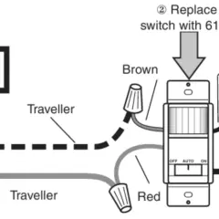 Diagrama para como instalar un sensor de movimiento con interruptor, mostrando conexiones de cables "Common" y "Traveller".