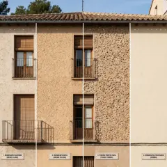 Fachadas con diferentes acabados: raspado, gota, piedra proyectada y fratasado. El polietileno en fachadas ofrece durabilidad y estética.