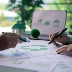 Manos revisando documentos con símbolo de reciclaje y un portátil con iconos de sostenibilidad, preparándose para una certificación verde.