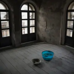 Habitación con tres ventanas arqueadas y suelo de madera. Hay dos cubos en el suelo, uno azul y otro gris, recogiendo agua. Se puede caer el techo por una gotera.