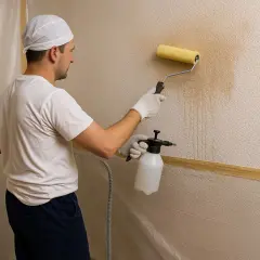 Hombre aplicando textura a la pared con rodillo y pulverizador. Aprende como hacer gotele con rodillo para un acabado profesional.