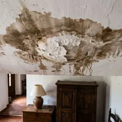 Tejado con manchas de humedad y pintura desprendida, indicando la necesidad urgente de reparar tejado.