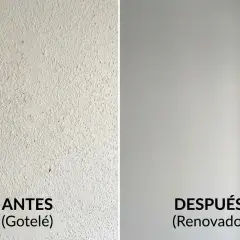 Pared con gotelé antes y después de renovar. Se puede hacer gotelé con esponja para un acabado liso.