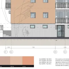 Fachada del inmueble con detalles de niveles y colores para revestimiento acrílico.