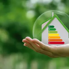 Mano sostiene casa con etiqueta energética, simbolizando la deducción IRPF por eficiencia energética.