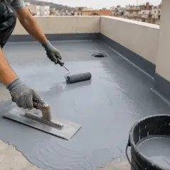 Obrero aplica capa gris para impermeabilizar terraza con rodillo y llana.