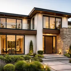 Moderna casa con grandes ventanales y jardín iluminado. Un ejemplo de inspiracion casas de lujo y diseño contemporáneo.