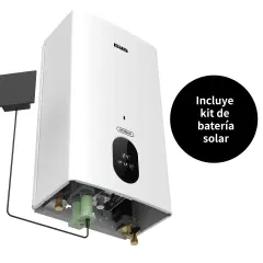 Calentador estanco "ATENAS" con kit de batería solar. Muestra la diferencia entre calentador estanco y atmosférico.