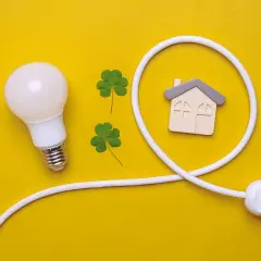 Bombilla, tréboles y un enchufe con forma de casa simbolizan el confort visual y la energía en el hogar.