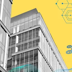 Edificio moderno con un dron y gráficos de red, simbolizando la **construcción 4.0**.