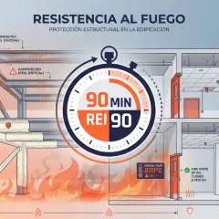 Ilustración de resistencia al fuego en edificaciones. Muestra acero protegido y no protegido, puertas cortafuegos y sistemas de techo, destacando la reacción al fuego de materiales CTE.