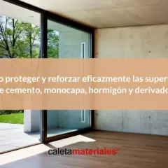 Fachadas de cemento y hormigón en un interior moderno con grandes ventanales y vistas al exterior. Texto sobre cómo proteger superficies.