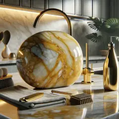 Detalles de limpieza para pulir mármol en casa: un cepillo, paño y jabonera dorados junto a un lavabo esférico de mármol.
