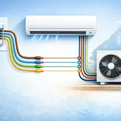 Unidad interior y exterior de un aire acondicionado inverter conectadas a un cuadro eléctrico.