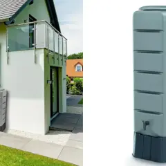 Modernos inventos para recoger agua de lluvia, un depósito gris junto a una casa y otro similar aislado.