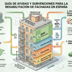 Guía de ayudas para la rehabilitación de fachadas en España, mostrando un edificio con andamios y diferentes niveles de financiación.