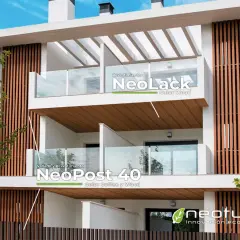 Fachada moderna con revestimientos de madera para exterior. NeoLack y NeoPost 40, soluciones innovadoras y ecológicas.