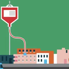 Una bolsa de sangre gotea sobre edificios enfermos, como si les diera vida.