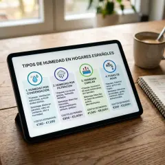 Tablet muestra tipos de humedad en hogares españoles: condensación, filtración, capilar y fugas de agua. Guía para saber cómo eliminar la humedad que brota del suelo.