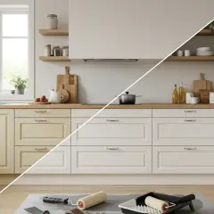 Cocina con muebles antes y después del lacado. El lado izquierdo muestra muebles amarillentos, el derecho, blancos y renovados.