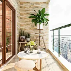 Ideas para decorar un balcón pequeño: mesa redonda, taburete, plantas y vistas urbanas.