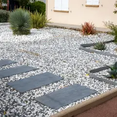 Senderos de piedra gris serpentean entre jardines con grava y piedras blancas y oscuras. Plantas suculentas y un gran arbusto verde completan el diseño.