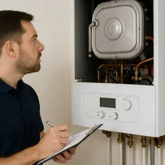 Técnico revisa caldera Baxi. Anota datos para subir presión y optimizar su funcionamiento.