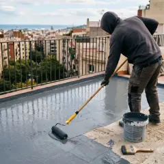 Hombre aplicando impermeabilizante a rodillo en terraza de 100 metros, con vistas a la ciudad y al mar.