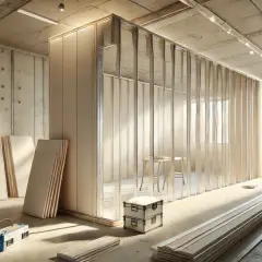 Estructura metálica para tabiques de pladur, mostrando la distancia entre montantes. Materiales de construcción apilados y una escalera.