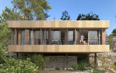 Fachadas exteriores de casas modernas con amplios ventanales y balcón, integradas en un entorno natural rocoso y arbolado.