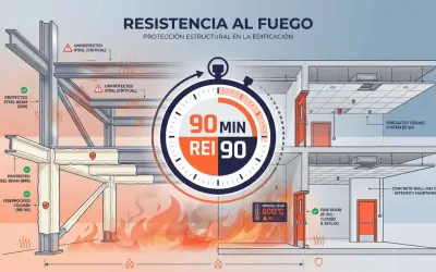 Ilustración de resistencia al fuego en edificaciones. Muestra acero protegido y no protegido, puertas cortafuegos y sistemas de techo, destacando la reacción al fuego de materiales CTE.