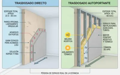 Comparativa de trasdosados: directo (grosor tabique pladur 22.5-28mm) y autoportante (63-83mm+), con aislamiento y espacio para instalaciones.
