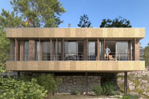 Fachadas exteriores de casas modernas con amplios ventanales y balcón, integradas en un entorno natural rocoso y arbolado.