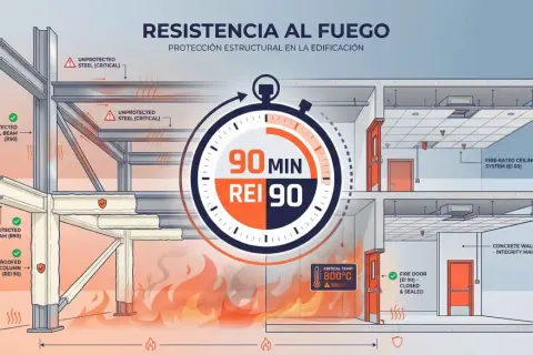 Ilustración de resistencia al fuego en edificaciones. Muestra acero protegido y no protegido, puertas cortafuegos y sistemas de techo, destacando la reacción al fuego de materiales CTE.