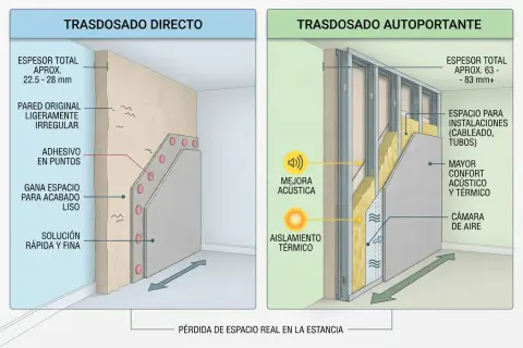 Comparativa de trasdosados: directo (grosor tabique pladur 22.5-28mm) y autoportante (63-83mm+), con aislamiento y espacio para instalaciones.