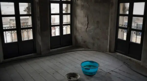Habitación con tres ventanas arqueadas y suelo de madera. Hay dos cubos en el suelo, uno azul y otro gris, recogiendo agua. Se puede caer el techo por una gotera.
