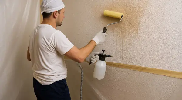 Hombre aplicando textura a la pared con rodillo y pulverizador. Aprende como hacer gotele con rodillo para un acabado profesional.