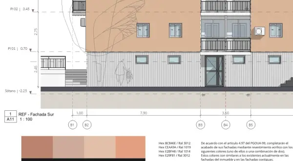 Fachada del inmueble con detalles de niveles y colores para revestimiento acrílico.