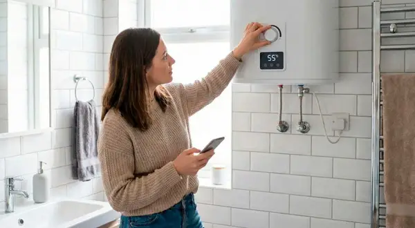 Mujer ajustando el termostato de un termo eléctrico mientras revisa su móvil. Mantenimiento termo eléctrico sencillo y moderno.