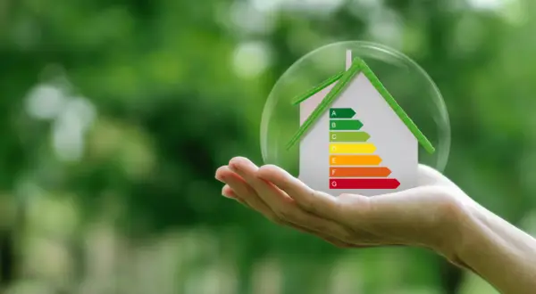 Mano sostiene casa con etiqueta energética, simbolizando la deducción IRPF por eficiencia energética.