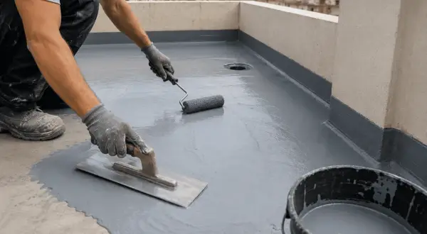 Obrero aplica capa gris para impermeabilizar terraza con rodillo y llana.