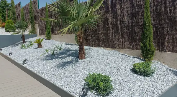 Un jardín moderno con palmeras y cipreses, decorado con piedras blancas y luces integradas.