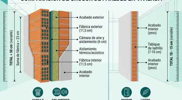 Comparación del grosor de paredes en vivienda: una muestra detalla el grosor de paredes exteriores con aislamiento y otra un tabique ligero.