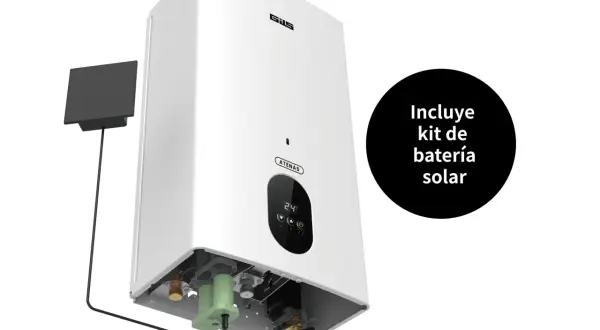 Calentador estanco "ATENAS" con kit de batería solar. Muestra la diferencia entre calentador estanco y atmosférico.