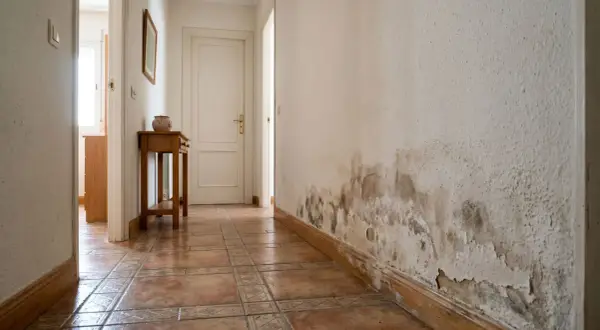 Pared con manchas de humedad y pintura descascarada. Averigua cuanto cuesta arreglar humedades por capilaridad.