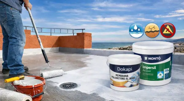 Hombre aplicando pintura para impermeabilizar suelo exterior. Cubos de Dokapi y Montó Impercil Acqua.