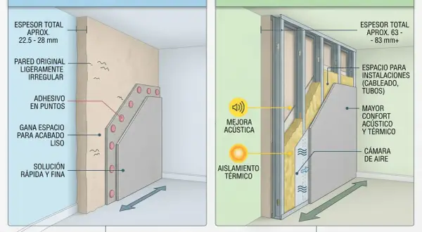Comparativa de trasdosados: directo (grosor tabique pladur 22.5-28mm) y autoportante (63-83mm+), con aislamiento y espacio para instalaciones.