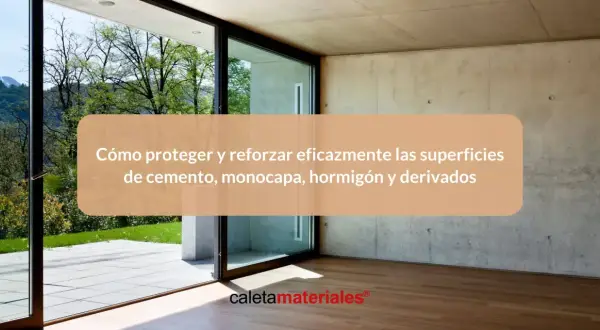 Fachadas de cemento y hormigón en un interior moderno con grandes ventanales y vistas al exterior. Texto sobre cómo proteger superficies.