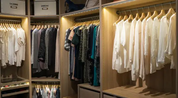 Armario con ropa colgada y cajas de almacenamiento. La iluminación del vestidor resalta la organización y el estilo.