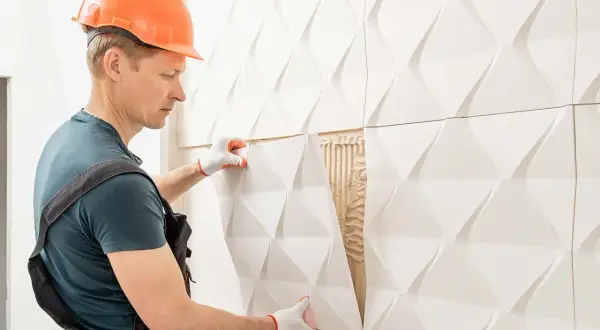 Obrero coloca paneles 3D blancos, una solución moderna para forrar una pared con humedad.